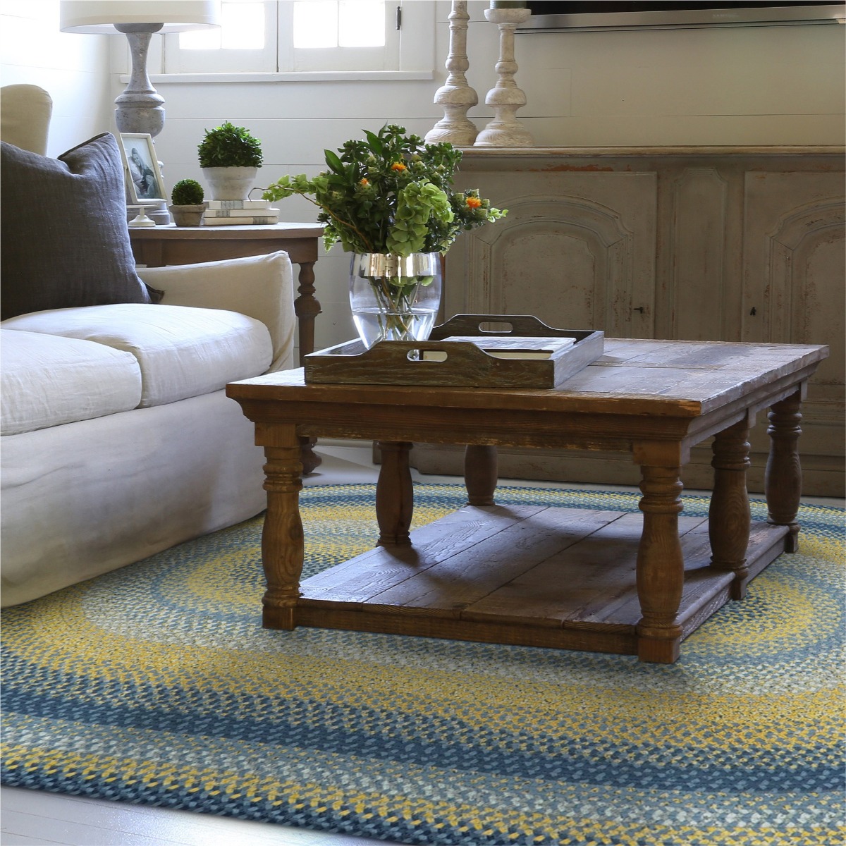 Room Sunflowers Blue - Gold Cotton Braided Oval Rugs
